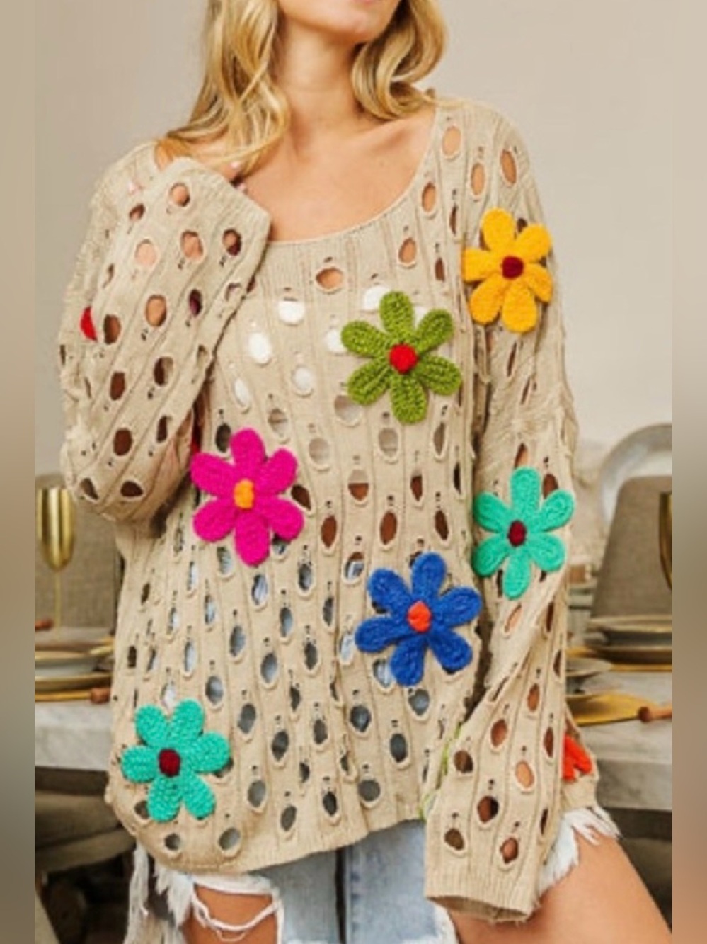 BiBi Floral Colorful Crochet Appliqué Open Knit Oversized Sweater XL